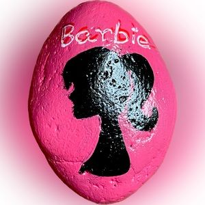 Hand crafted painted silhouette Barbie rock pink background black 2x2.5 inches